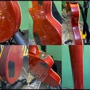 Koláž šesti fotografií znázorňujících zadní stranu a boky červené elektrické kytary s lakovaným povrchem. Na těle je vidět černý plastový kryt elektr…