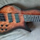 Šeststrunná basová kytara s hnědým průsvitným lakem, pod kterým je vidět zrna dřeva. Na těle jsou dva snímače s nápisem HBZ Custom Wound a čtyři čern…