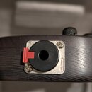 Detailní záběr na výstupní jack konektor v tmavém dřevě s viditnou strukturou zrn. Konektor je černé barvy s červeným plastovým pojistným prvkem a je…