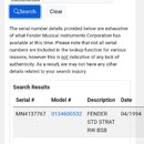Snímek znázorňuje screenshot z webové stránky perlookup.fender.com s výsledkem vyhledávání sériového čísla. V tabulce Search Results je uvozněno séri…