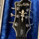 Fotografie zachycuje hlavu elektrické kytary v modrém plišovém pouzdře. Černý povrch hlavy nese bílé nápisy „Hagstrom“ a „VIKING CUSTOM“ a uprostřed…