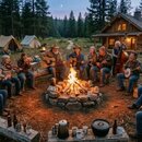 Skupina lidí hraje hudbu ucampfire v lese před dřevěnou chatou a stany. Jsou vidět akustické kytary, housle, banjo, kontrabas a akordeon. Na nástrojí…