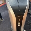 Stříbrný osobní monitor s černým předním panelem a mřížkou reproduktoru. Na panelu je bílý nápis Roland a pod ním označení PM-03. Jsou zde vidět kont…