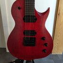 Červená elektrická kytara s viditnou strukturou dřeva a černým hardwarem. Nástroj má dva humbuckery, tři ovládací knofíky a jeden přepínač. Povrch je…