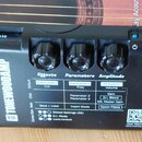 Černý efekt pedál s nápisem TONEWOODAMP. Na horní straně jsou tři ovládací knoflíky a nápisy Effects, Parameters, Amplitude. Pod nimi je tabulka s fu…