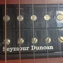 Fotografie zachycuje dva černý humbuckery s plastovými kryty. Na spodním snímači je bílý nápis Seymour Duncan. Oba snímače mají viditelné kovové póly…