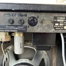Detail zadní části zesilovače v černém vinylovém potahu. Na šasic jsou vidět dvě pojistky s nápisy SECONDARY FUSE a PRIMARY FUSE, přepínač napětí a š…