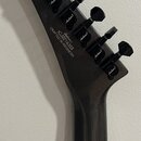 Fotografie zachycuje hlavu elektrické kytary v tmavě šedé barvě s černými ladicími kolíky. Na zadní straně hlavy je bílý nápis „Schecter“, pod ním sé…