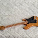 Elektrická kytara s přírodním dřevěným povrchem těla a hmatníkem. Na hlavě je nápis Fender STRATOCASTER. Kytara má černý pickguard a tři snímače. Pov…