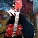 Červená polodublová elektrická kytara s gold hardwarem v černém tvrdém pouzdře. Na hlavě hmatníku je bílý nápis GRETSCH a pod ním bílé logo s vyobraz…
