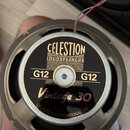 Fotografie znázorňuje reproduktor s kovovým rámem. Na černém středovém krytu je zlatým písmem nápis CELESTION LOUDSPEAKERS, dvakrát označení G12 a mo…