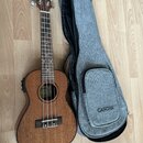 Hnědý dřevěný ukulele s doprovodným šedým textilem v podobě obalu. Na hlavě nástroje i na přední straně obalu je bílý nápis CASCHA. Na hmatníku jsou…