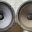 Dva kruhové reproduktory s papírovými membránami. Levý reproduktor je tmavě šedé barvy, pravý má světlejší, béžovělý odstín. Oba mají v centru černou…