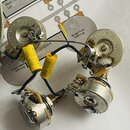 Sada elektronických komponentů pro kytaru, zahrnující čtyři potenciometry a dva kondenzátory v žlutých obalcích. Na kondenzátorech je nápis Mjo Dijon…
