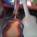 Akustická kytara s polodřevěným korpusem v červenohnědém sunburst provedení. Nástroj leží v otevřeném tvrdém kufru s tmavým exteriérem a světlou výst…
