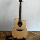 Akustická kytara s vyřezem v korpusu, světlým přírodním povrchem lícové desky a tmavým hmatníkem. Na hlavě je viditelné logo LG. Kytara stojí na čern…