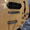 Detail těla polodupaté elektrické kytary v přírodní dřevěné barvě s dvěma f-otvory. Nástroj má jeden černý humbucker, chromovaný kobylník a stрій s p…