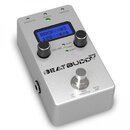 Stříbrný efekt pedál s nápisem BEATBUDDY MINI. Zařízení má modrý displej s textem ROCK 03 120 4/4, dva černé ovládací knoflíky a jeden stoupací spína…