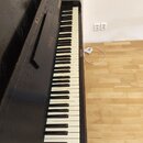 Černý digitální piano s klávesnicí v dřevěném korpusu. Na krytu klávesnice je vidět nápis ROUS. Povrch korpusu vykazuje známky opotřebení a odřeniny,…