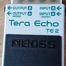 Kompaktní efekt pedál bílé barvy s černým gumovým spínacím pedalem. Na pedálu je vyražen nápis BOSS a nad ním jsou modrý text Tera Echo a označení TE…