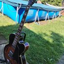 Tmavně hnědá polodublová elektrická kytara s černým pickguardem a f-otvory. Na hlavě hmatníku je bílý nápis Ibanez. Nástroj je umístěn na stojanu v t…