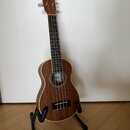 Hnědý dřevěný ukulele s čtyřmi strunami, umístěné na černém stojanu. Na hlavě nástroje je bílý nápis Cordoba a uvnitř ozvučnice je vidět logo s nápis…