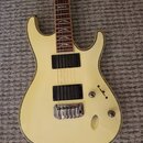 Kytara s krémovým povrchem těla a hnědým hmatníkem s ozdobnými vložkami. Nástroj má dva černá humbuckery, jeden ovládací knoflík a přepínač. Na mostk…