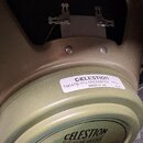 Fotografie zachycuje zadní část reproduktoru v olivově zelené barvě. Na magnetu je vidět bílá nálepka s nápisy CELESTION, T5647B G10 GREENBACK 16 Ω a…