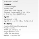 Fotografie obsahuje technický list aktivního subwooferu s nadpisem SUB 15D. Text specifikuje parametry jako typ Active Bandpass Subwoofer, značku zes…