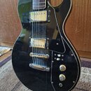 Černá elektrická kytara s typickým tvarem singlecut a černým pickguardem. Nástroj má dva humbuckery s kovovými kryty, Tune-o-matic můstek a stopbar s…
