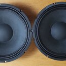 Dva černé kruhové reproduktory s papírovými membránami a gumovými okraji. Jsou umístěny vedle sebe na dřevěném povrchu. Na přední straně nejsou vidět…