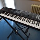 Černý digitální klavír značky Roland s červeným nápisem BG. Nástroj je umístěn na černém X-stojanu a obsahuje klávesnici, ovládací knofíky, displej a…