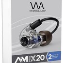 Fotografie znázorňuje krabici s jedním průhledným in-ear monitorem s hnědou koncovkou a černým kabelem. Na horní části krabice je logo WA a nápis WES…