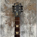 Fotografie zachycuje hmatník a hlavu elektrické kytary v černé barvě. Na hlavě je viditelné logo Gibson a nápis LPM na krytce matice. Hmatník je tmav…