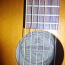 Detail akustické kytary s hnědým lakem v přechodu od žluté k tmavě hnědé. Uvnitř ozvučnice je viditelná štítková nálepka s logem "Fraus" a nápisy "TR…