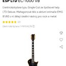 Černá elektrická kytara typu Single Cut se zlatým hardwarem a hmatníkem s vložkami. Na hlavě je viditelné logo ESP LTD. Nástroj je zobrazen v čistém…