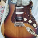 Elektrická kytara s trupem v sunburst provedení a hnědým pickguardem s motivem želvy. Nástroj má konfiguraci snímačů SSS, přičemž u kobylkového sníma…