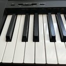 Černý digitální klavír s bílými a černými klávesami. Na ovládacím panelu jsou nápisy MASTER VOLUME s označením MIN a MAX, GRAND PIANO a FUNCTION. Pod…