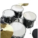 Černá bicí souprava s bílými koženmi. Na koženu tom-tomů je nápis "Starlone". Souprava obsahuje tři tom-tomy, snare drum a dva činely zlaté barvy. Po…
