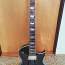 Černá elektrická kytara s tvarem singlecut a zlatým hardwarem. Na hlavě je bílé logo Ltd a svislý nápis EK-250. Nástroj má dva humbuckery s krémovými…