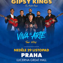 Reklamní plakát na koncert hudební skupiny. V horní části je žlutý nápis GIPSY KINGS a pod ním menší text By Andre Reyes. Uprostřed je vyobrazeno pět…