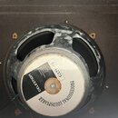 Fotografie zachycuje zadní část reproduktoru osazeného v černém dřevěném boxu. Na bílém štítku magnetu je uveden nápis CELESTION, PROFESSIONAL LOUDSP…