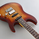 Elektrická kytara s trupem v červenohnědém sunburst provedení a viditnou strukturou dřeva. Nástroj má dva černá snímače typu humbucker, chromovaný mo…