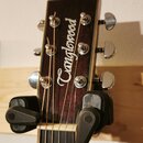 Fotografie zachycuje hlavu akustické kytary v tmavě hnědé barvě s viditnou strukturou dřeva. Na hlavě je bílý nápis „Tanglewood“. Nástroj má šest chr…