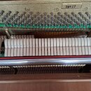 Detailní pohled do vnitřku klaviru na mechanismus kladivek a struny. Na kovové části je viditelný štítek s číslem 79617. Povrch kovových prvků vykazu…