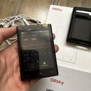 Černý přenosný digitální přehrávač s displejem, na kterém je otevřená aplikace Equalizer. Vedle přístroje leží bílé sluchátka, černý ochranný obal a…