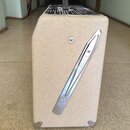Kytarový kombozesilovač v béžovém vinylovém potahu s kovovými rohy. Na boku je umístěna protažená kovová lišta s vyraženým nápisem BUZEWEIG. Horní čá…