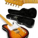 Elektrická kytara typu Telecaster s plavovzdušným topem v barevnosti sunburst a zlatým hardwarem. Na hlavě hmatníku je vidět nápis "Fender" a nad ním…