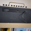 Zadní strana černého kytarového komba s kovovou rukojetí a řadou ovládacích knoflíků nahoře. Na zadním panelu je bílý nápis YAMAHA a model THR10II. J…