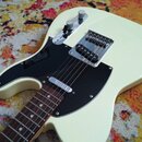 Kytara typu Telecaster v krémové barvě s černým pickguardem. Má hnedý hmatník z dřeva a jeden snímač u mostu s kovovým krytem. Na těle nejsou žádné v…